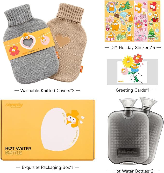 samply 2L Hot Water Bottle, 2 Packs Hot Water Bag with 2 Knitted Covers for Pain Relief, Birthday ldeas Gifts for Women, Daughter, Grandma, Sister, Wife (Grey&Khaki)