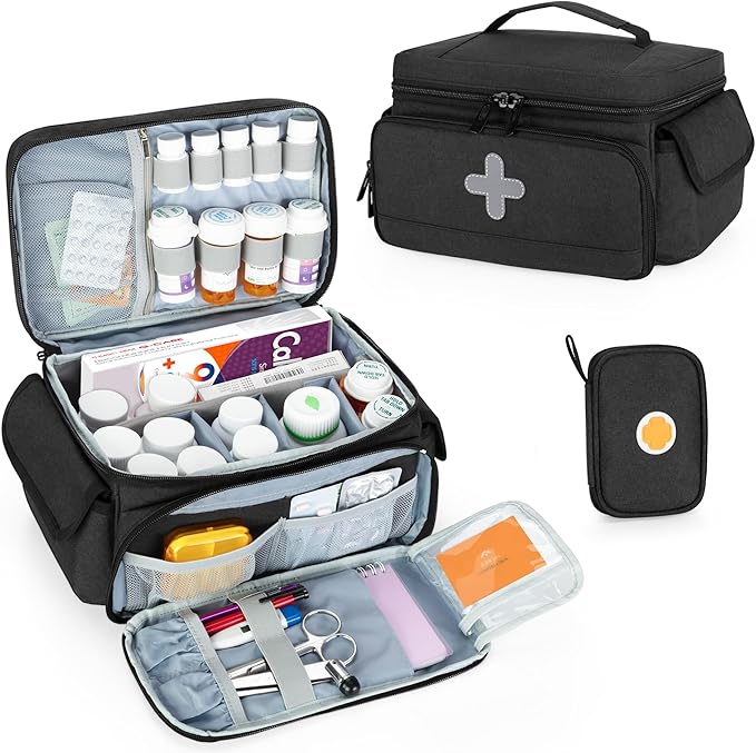 CURMIO Medicine Storage Bag Empty, Lockable Pill Bottle Organizer with Portable Zippered Pouches for First Aid Kits, Medicine Box for Home and Travel, Black (Patent Pending)