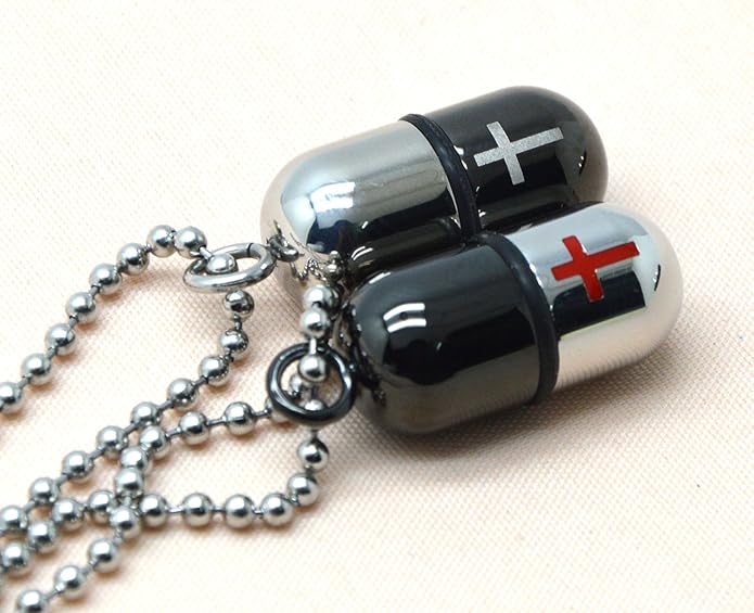 1.1''*0.7'' Latin Cross Black& Red Pill Capsule Case Holder Necklace Pendant Adjustable 27'' Long Chain with a Velvet Bag