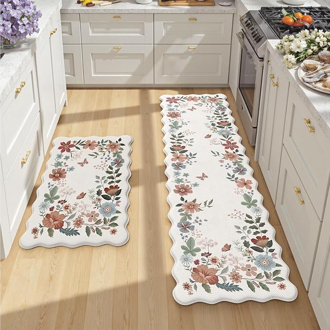 Collive Anti Fatigue Mats for Kitchen Floor, Scalloped Waterproof Kitchen Rugs Sets of 2 Padded Floral Rug, Memory Foam Comfort Standing Mat Non Slip for Office, Sink, Laundry, Beige