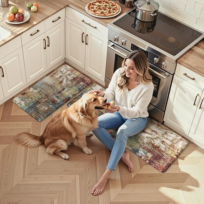 LEEVAN Kitchen Mats Cushioned Anti Fatigue Sets of 2,Non Slip Waterproof Kitchen Mats for Floor,Memory Foam Comfort Abstract Red Kitchen Floor Mat for Sink,Laundry,Home,Office,Desk(20"x31"+20"x47")