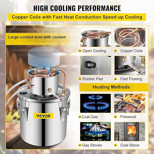 VEVOR Alcohol Still 3Gal/12L Alcohol Distiller Stainless Steel Distillery Kit for Alcohol With Copper Tube Home Brewing Kit Build-in Thermometer for DIY Whisky Wine Brandy