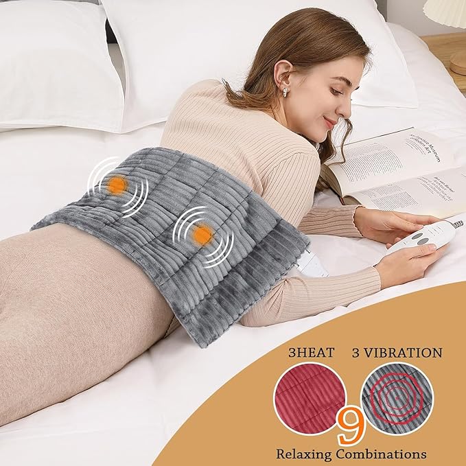 Massaging Heating Pad for Neck and Shoulders and Back, Large Electric Heating Pad for Back Pain Relief with 3 Heat Levels, 4 Massage Settings, 4 Massage Motors (Dark Grey, 33'' * 18'')