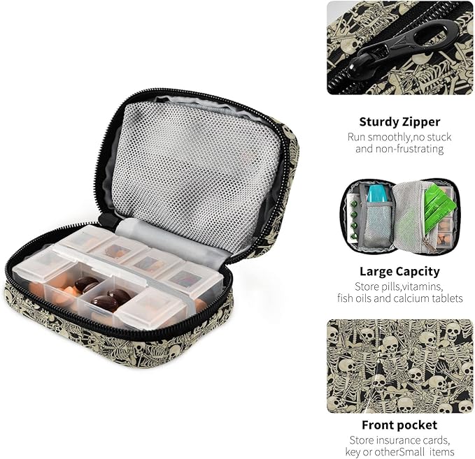 Gothic Skull Skeleton Pill Case, Portable Weekly Pill Box Bag Container 7 Days Pill Organizer Vitamin Supplement Holder with Zipper for Travel Family Business