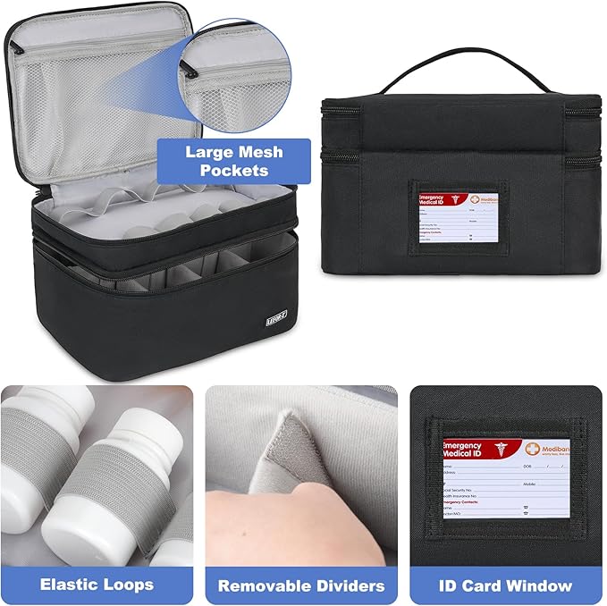 Medicine Storage Bag,Double Layers Pill Bottle Organizer Bag Empty with Lockable Zipper&Adjustable Divider,Medication Travel Carrying Bag for Pills,Vitamins,Medical Supplies