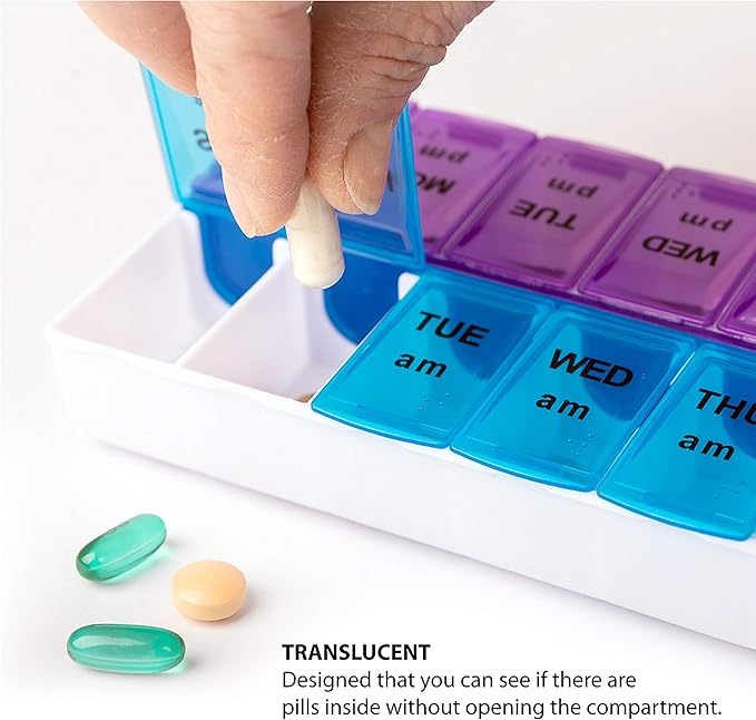 Deke Home - Pill Organizer 2 Times a Day (2 Pack), Weekly AM PM Pill Box, 7 Day Morning and Night Medicine Organizer, BPA-Free Daily Vitamin Container, Easy Open Travel Pill Case, 7.8"x3.6"x1.3"