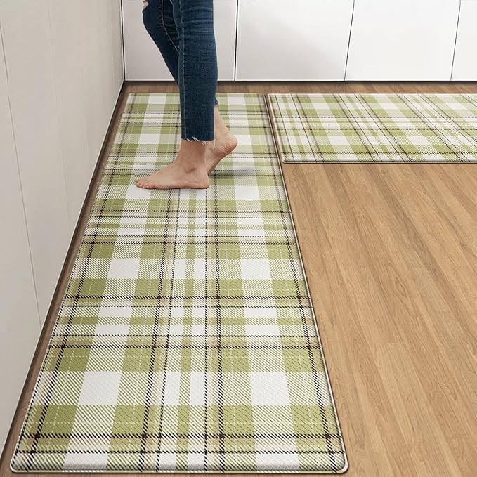 Arttown Green Anti-Fatigue Kitchen Rug Set of 2 Plaid Cushioned Floor Standing Mat Waterproof Non-Slip Mat and PVC Ergonomic Comfort Foam Rug
