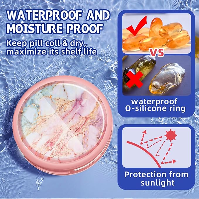 Serfeymi Small Pill Box - 3 Compartments Portable Pill Box for Purse Pocket, Compact Mini Travel Pill Case - Suitable for Medicine, Vitamin, Fish Oil, Supplements - Pink(Marble)