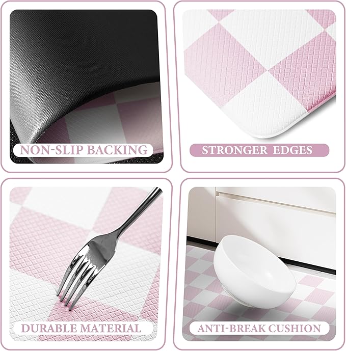 Scalloped Pink Checkered Grid Checkerboard Kitchen Rug Sets [2 PCs], Anti-Fatigue, Waterproof Non-Slip Kitchen Mats Heavy Duty Ergonomic Comfort Foam Rug for Floor, Laundry,17"x29"+17"x47"