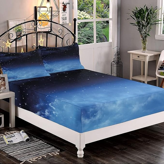 Decorative Fitted Sheet Set King Size, Night Sky Deep Pockets Fitted Sheet & 2 Pillow Sham Set, Ombre Colored Nebula Space Clouds and Dot Printed Microfiber Bedding 3pc Set,for Mattress (Deep: 5"-15")