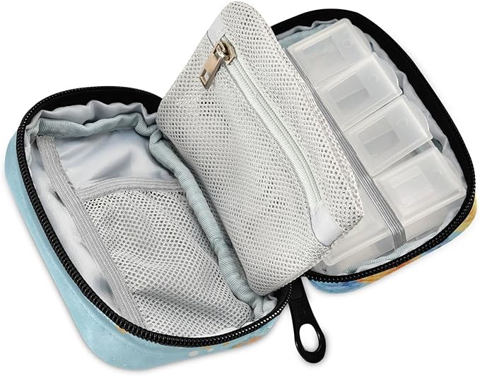 Custom Pill Box 7 Day Pill Case Bag Blue Yellow Flower Personalized Name Travel Pill Organizer Bag with Zipper Portable Weekly Case Compact Size for Vitamin Supplement Holder