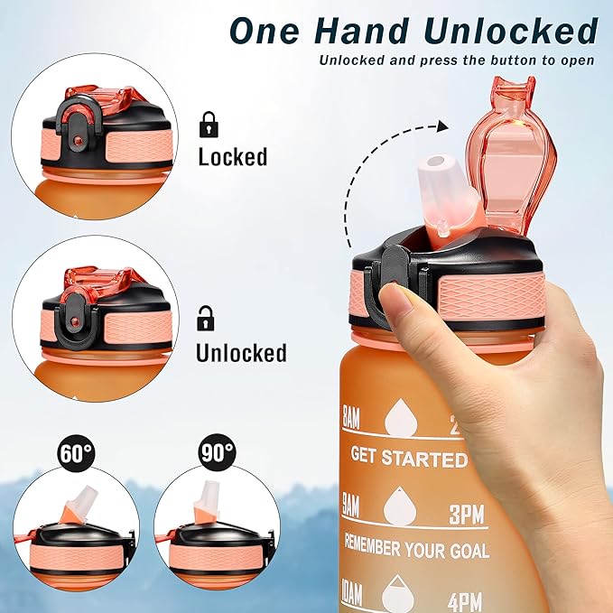 Motivational Water Bottle with Time Marker - 32oz, Leak-proof BPA Free Sports Water Bottles with Straw & Carrying Strap