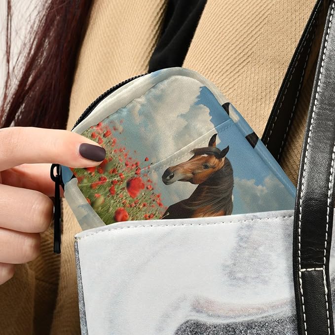 Fustylead Mane Horse Walking in Poppy Flower Field Pill Organizer Case with Zipper 2 Times A Day for Vitamin and Supplement, 7 Day Travel Organizer Medicine Case