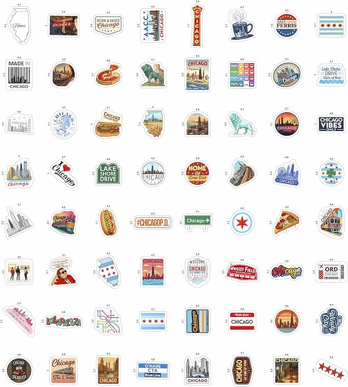 100Pcs Chicago Stickers and Decals for Luggage, Water Bottle - Chicago Gifts, Party Supplies - Travel USA Cities Stickers - Gift for Women & Men
