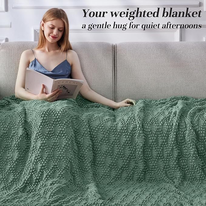 Knitted Weighted Blanket for Adult, Chunky Knit Weighted Throw for Sleep 50"*60" 5lbs, Cooling Breathable Heavy Blanket for Hot Sleepers, Machine Washable Blanket for Room Decor(HazeGreen)