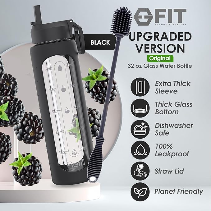 FIT Strong & Healthy 32 oz Glass Water Bottle with Straw Lid - Wide Mouth Borosilicate Glass Water Bottles with Time Marker, Silicone Sleeve & Extra Lid - 1L Large Motivational Drinking Bottle