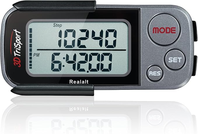 Realalt 3DTriSport 3D Walking Pedometer with Clip & Strap, Accurate Step Counter with 30-Day Memory, Distance in Miles/KM with Large Display Perfect for Seniors & Beginners, eBook Included