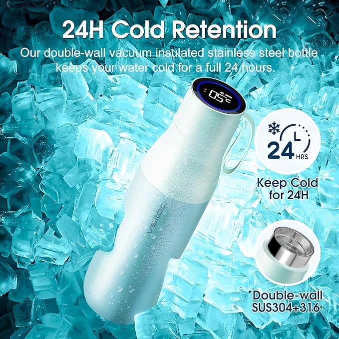 VSITOO 15oz Mini Smart Water Bottle，Self-Cleaning Insulated Bottle, Small Thermoses with AI, App & Touchscreen, Perfect Purse Water Bottle for Travel, Gym & Office, Blue