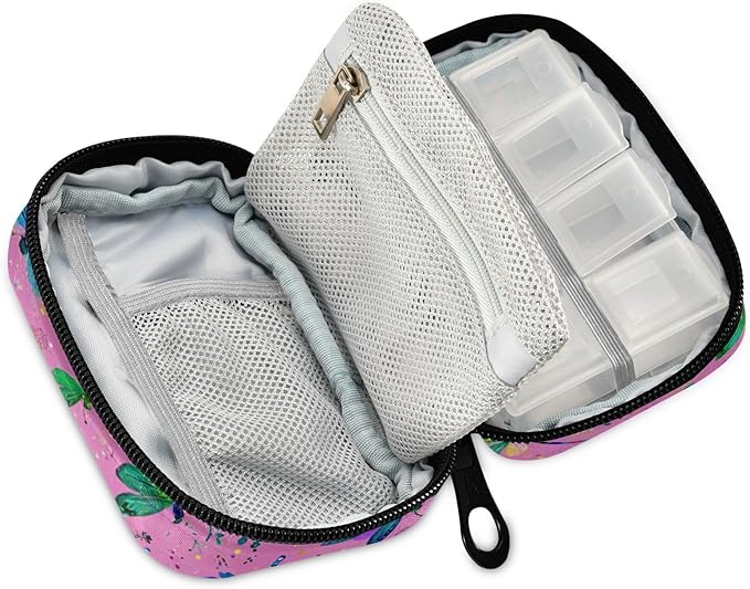 Deep Pink Dragonflies and Leaves Travel Pill Organizer Case Box Container Weekly Portable Vitamin Medicine Holder Storage Bag with Zipper Removable