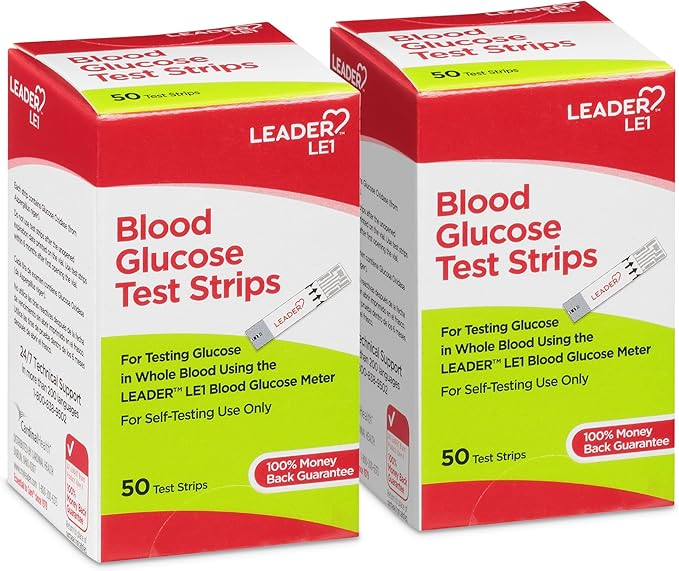LEADER Blood Glucose Test Strips for Diabetes, No-Coding, Fast, Accurate Results, Use with LEADER Blood Sugar Monitoring System, 50 Count (Pack of 2)