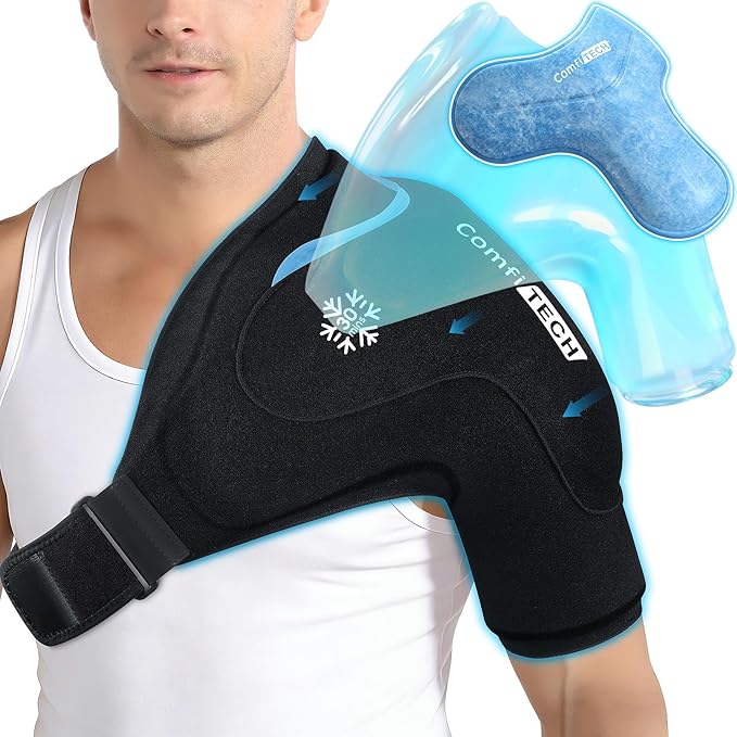 ComfiTECH Dual-Gel Shoulder Ice Pack Wrap with Extended 30-Minute Cooling for Rotator Cuff & Arm, Flexible Cold Compression Sleeve Shoulder Brace for Post-Workout, Discomfort, Muscle Relaxation, L