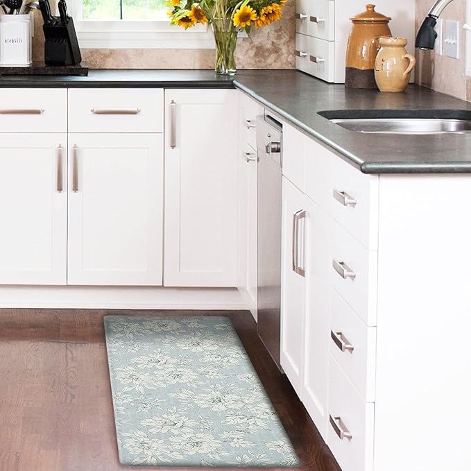 Laura Ashley - Anti-Fatigue Kitchen Mat, Iris Floral Design, Stain, Water & Fade Resistant, Cooking & Standing Relief, Non-Slip Backing, Measures 17.5" x 48", Light Blue Iris