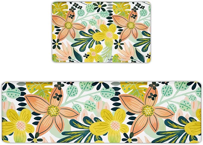 Boho Floral Long Kitchen Mats Rugs Sets of 2 Cushioned Anti Fatigue Floor Mat Foam Comfort Kitchen Rugs Farmhouse Style Non Slip Waterproof Mid Century Botanical Standing Mat for Sink Laundry