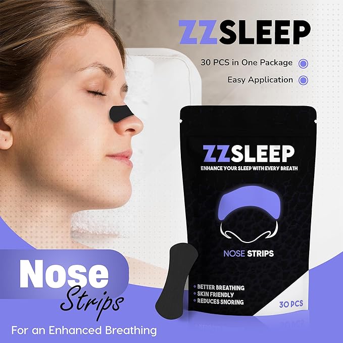 ZZSLEEP Nasal Strips (30 Strips) – Extra-Strength Strips for Better Sleep, Snoring Relief & Enhanced Breathing – Ideal for Sports, Exercise & Nighttime Use – Skin-Friendly, Sweat-Resistant Nose Tape