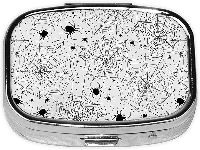 Pill Box-2 Compartment Small Pill Case Square Organizer Case with Mirror Portable Metal Medicine Box Travel Container for Pocket & Purse Women Men(Spider Web)