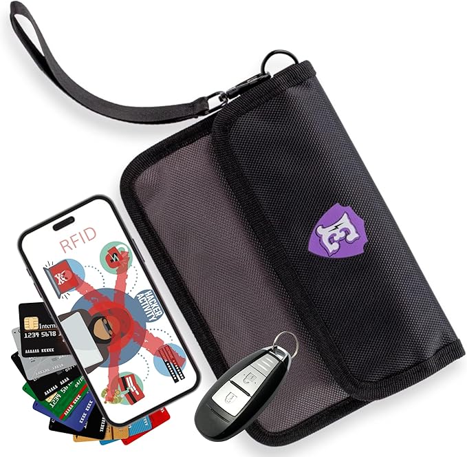 Large Faraday Bags for Phones with Two Pockets, RFID Blocking Sleeves, Signal Blocking Shield, Faraday Key Fob Protector, RFID Faraday Pouch for Key fob w/Removable Handle