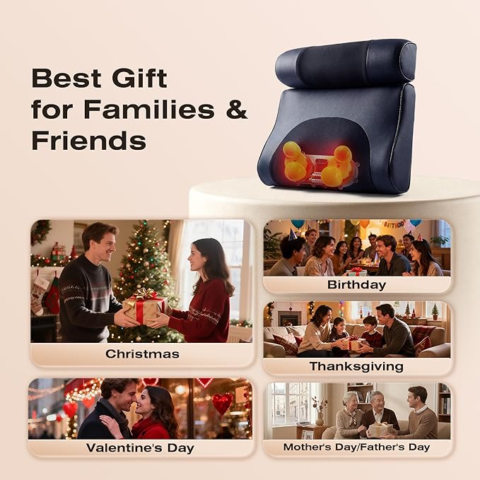 Neck Massager with Heat, 4D Shiatsu Deep Kneading for Pain Relief in Neck, Back, Shoulders, Legs & Feet, Deep Tissue Portable Massage Pillow,Rechargeable Cordless, Perfect Birthday Gifts for Women