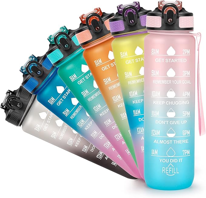 Motivational Water Bottle with Time Marker - 32oz, Leak-proof BPA Free Sports Water Bottles with Straw & Carrying Strap