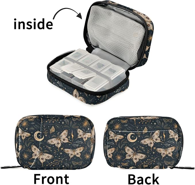 Fustylead Pill Organizer Travel Bag, Small Portable Pill Case Cute for Vitamin Fish Oil Supplements Medicine Organizer with Zipper (Green01 Moth Moon and Stars)