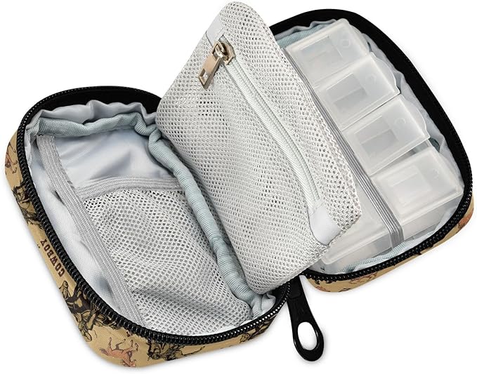 Western Cowboy Pill Box 7 Day Pill Case Travel Pill Organizer Bag with Zipper Portable Weekly Vitamin Medicine Supplement Holder Pouch Bag