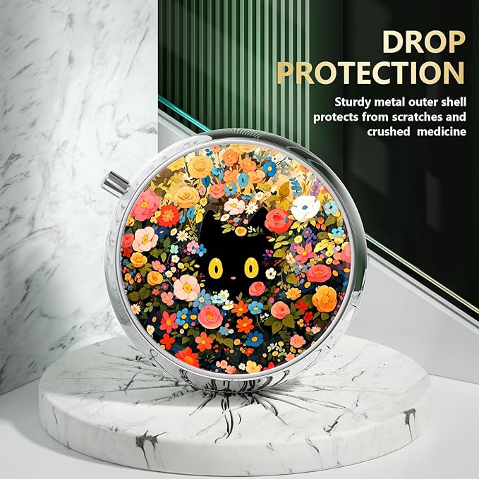 Nipichsha Pill Box, Small Pill Case for Purse & Pocket, Cute Travel Medicine Organizer, Portable Medicine Container Holder to Hold Vitamins, Medication, Fish Oil & Supplement, Flower Cat