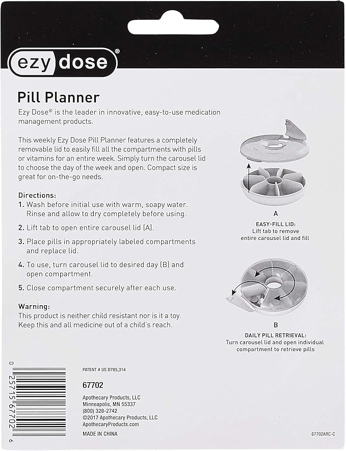 EZY DOSE Weekly (7-Day) Round Pill Case, Medicine Planner, Vitamin Organizer Box, Convenient and Easy to Use, Easy Fill All Compartments at Once, Travel Sized, Color May Vary, BPA Free