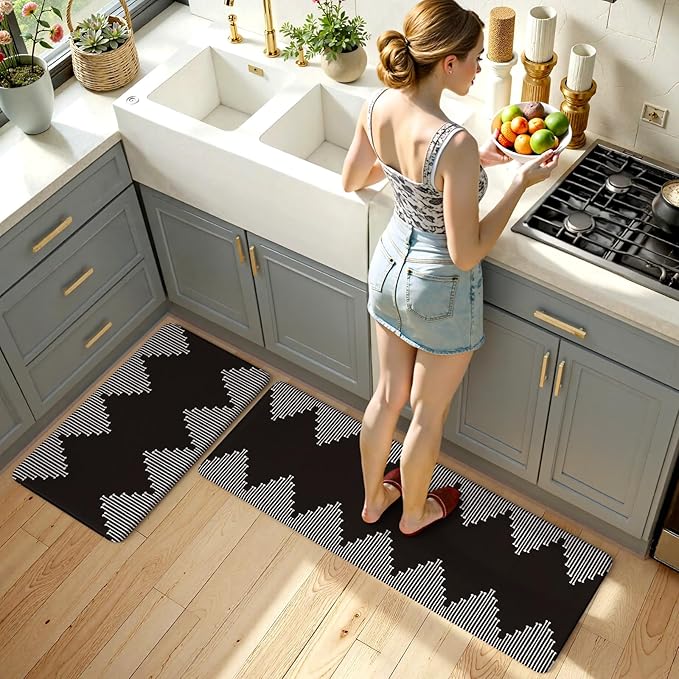 KIMODE Anti Fatigue Kitchen Mats, Black Kitchen Rugs, Padded Kitchen Mat for Floor, Comfort Foam Standing Desk Mat, Cushioned Kitchen Mats for Floor 2 Piece for Laundry Office Sink 17"x47"+17"x29"