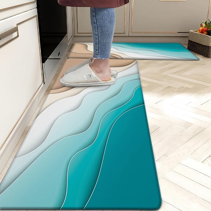 Kitchen Mats for Floor Anti Fatigue Floor Blue Cushioned Memory Foam Non Slip PVC Leather Padded Comfort Standing Rugs Set of 2, 17.3x28+17.3x47 Inch, 0.4 Inch Thick