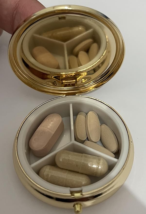 Happy Pills Pill Organizer Cute Metal Pill Case Travel Friendly Portable Compact Pill Box Pill Container to Hold Tylenol/Vitamins/Supplements/Meds/Tablet for Purse/Pocket(Round,Upgraded with Mirror)