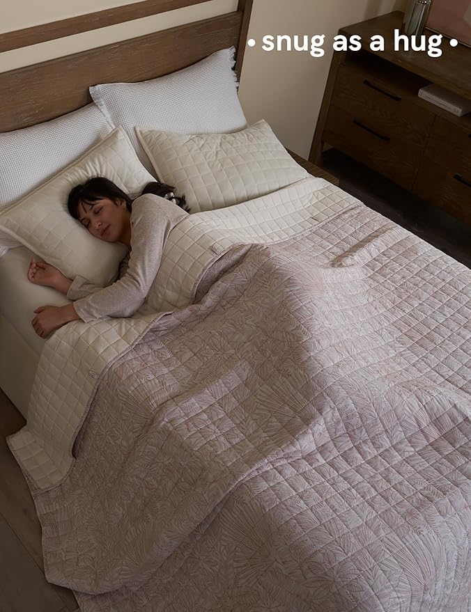 YnM King Size Linen Weighted Blanket for Adults (88x104 Inches, 20 Pounds, Palm Tree), Exclusive Smallest Compartments, Heavy Bed Blanket for Two Persons of 90~160lbs on Queen or King Bed