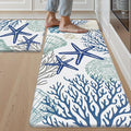 SHACOS Coastal Kitchen Rugs Set of 2 Anti-Fatigue Kitchen Mats Summer Cushioned Mats with Sea Themed White Blue Starfish Shell Coral Tropical Fish 17x27.5+17x47, Coastal Beach
