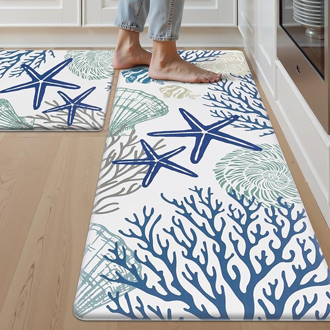 SHACOS Coastal Kitchen Rugs Set of 2 Anti-Fatigue Kitchen Mats Summer Cushioned Mats with Sea Themed White Blue Starfish Shell Coral Tropical Fish 17x27.5+17x47, Coastal Beach