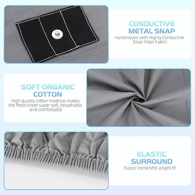 Grounding Sheet, 90% Organic Cotton+10% Pure Silver Organic Fitted Grounded Sheet for Improved Sleep, Earth Connecting Bedding - Healthy Sleep Therapy (Gray, (78.1 * 80.2 * 15.1inch))