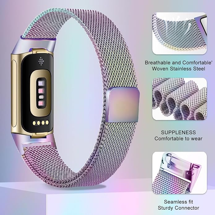 surundo Compatible with Fitbit Charge 6/Charge 5 Bands for Wmen Men, Metal Mesh Milanese Loop Adjustable Strap Replacement for Fitbit Charge 6/Charge 5 Advanced Fitness & Health Trackers