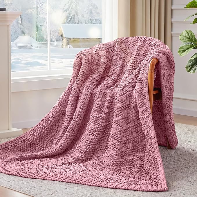 Knitted Weighted Blanket for Adult, Chunky Knit Weighted Throw for Sleep 50"*60" 5lbs, Cooling Breathable Heavy Blanket for Hot Sleepers, Machine Washable Blanket for Room Decor(Pink)