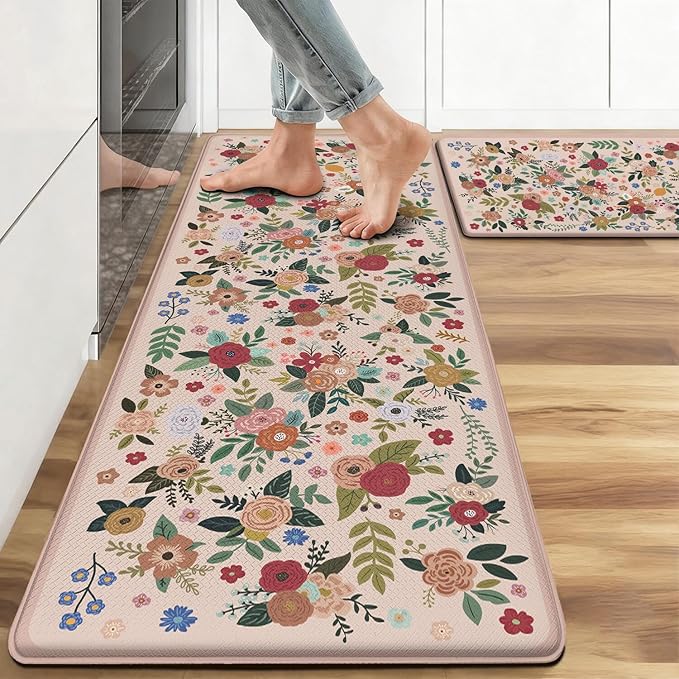Anti Fatigue Boho Kitchen Rugs Set of 2, Floral Kitchen Mats for Floor, Farmhouse Kitchen Decor, Anti-Slip and Anti-Fatigue Foam Standing Mat,17x30 inch Sink Mat+17x48 inch Runner Rug Pink