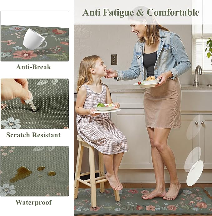 Collive Kitchen Mats for Floor 2 Piece, Green Scalloped Cushioned Anti Fatigue Padded Kitchen Floors Mat, Waterproof Kitchen Sink Rugs Floral Memory Foam Standing Rug for Office, Desk, Home Decor