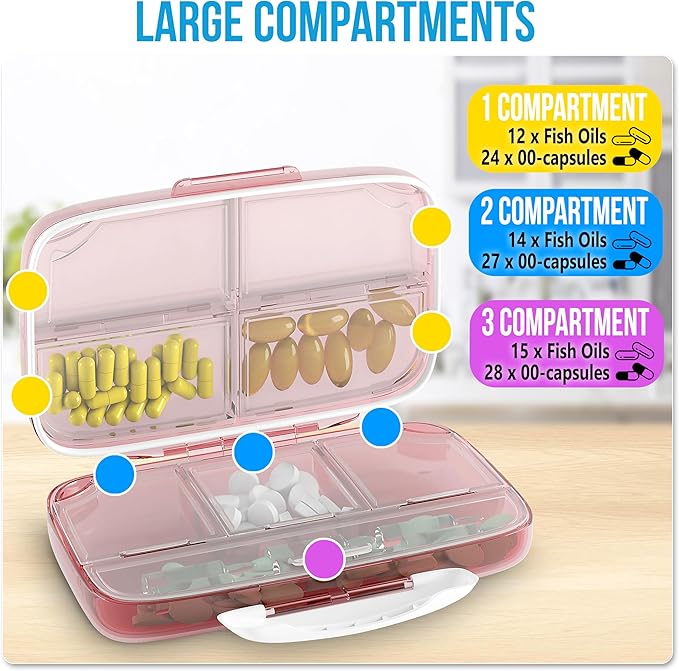 Product Image Pill Organizer Airtight Pill Box Large Pill Dispenser Home Travel Supplement Holder Portable Vitamin Sorter Jumbo Size 8 Compartment Airtight Vitamin Container Daily Medicine