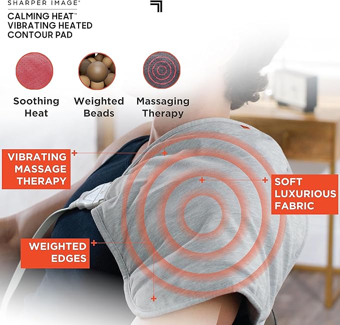 Calming Heat Vibrating Heating Contour Pad by Sharper Image- Weighted Electric Heating Pad with Massaging Vibrations, 12 Settings- 3 Heat, 9 Massage- 27 Relaxing Combinations, 14.5” x 14.5”, 4 lbs