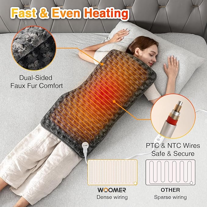 Woomer Faux Fur Electric Heating Pad for Back Pain Relief, Extra Large 17” x 33”, Extended Coverage from Neck to Hip, Two-Sided, Moist Mode, ETL Certified, 6 Adjustable Heats & 2H Auto-Off,Grey